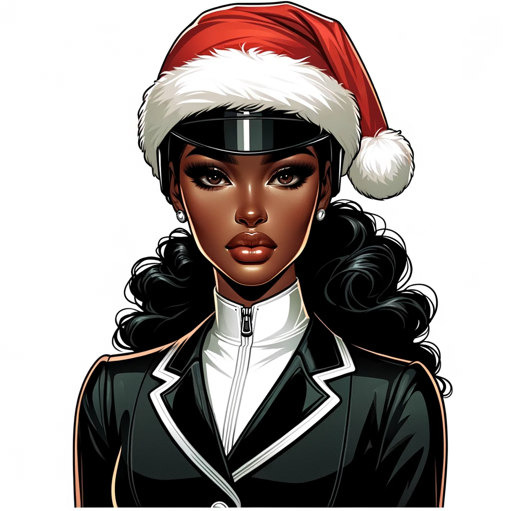 DALL·E 2023-12-20 05.33.12 - Illustration of a stunning African American female with an animated headshot, dressed in an equestrian uniform and wearing a Santa hat. The image capt