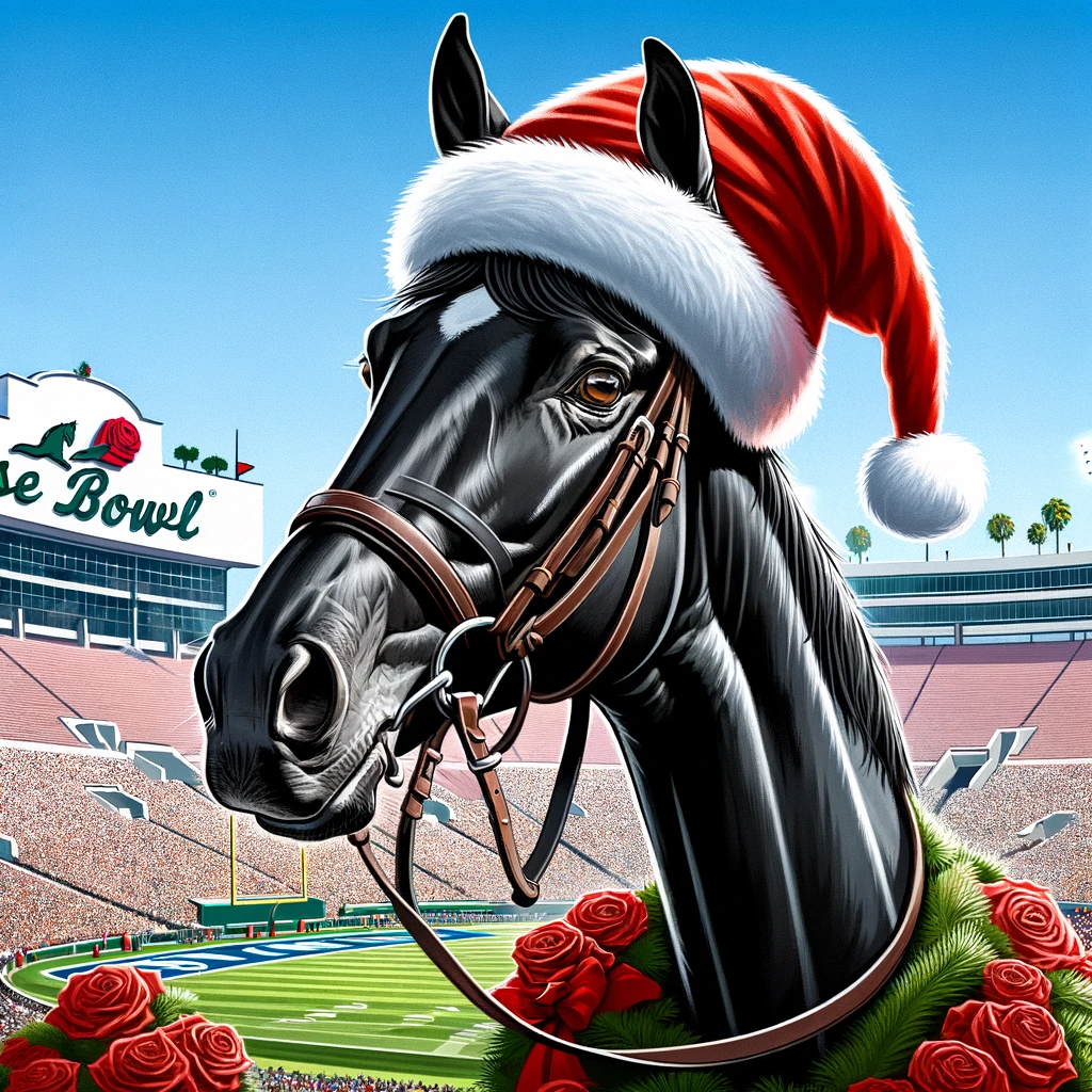 DALL·E 2023-12-20 08.02.13 - Create an animated-style illustration of a black Thoroughbred horse at the Rose Bowl in Pasadena, wearing a Santa hat. The horse should be depicted in